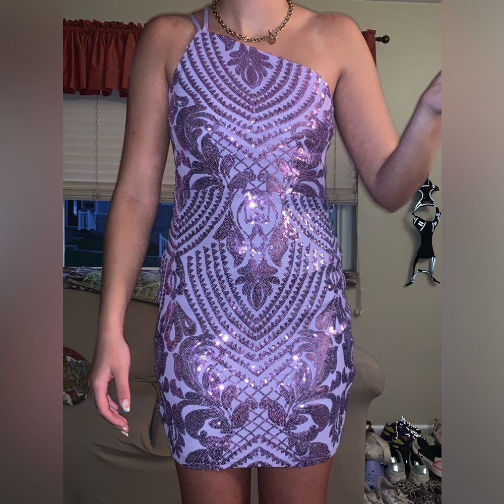 NEW Womens Sz SMALL purple hoco homecoming sequin pattern dress